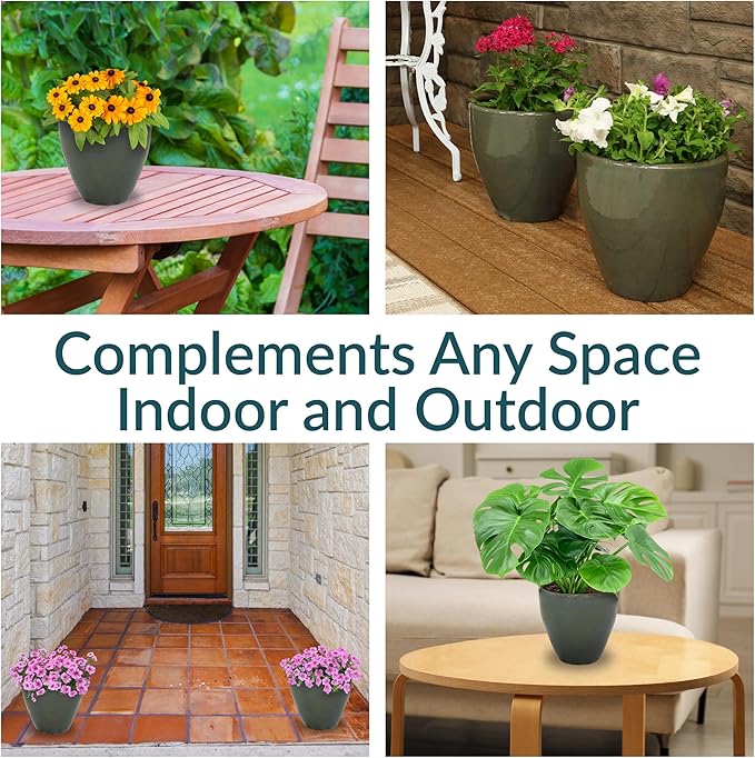 Sunnydaze Resort Round Ceramic Planter - Set of 2 Indoor or Outdoor Plant Pots with Drainage Hole - 10" - Gray