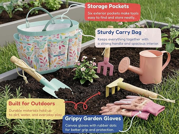 Gardening Set, Tool Kit, for Kids, STEM, Includes Tote Bag, Spade, Watering Can, Rake, Fork, Trowel and Gloves, Fruity
