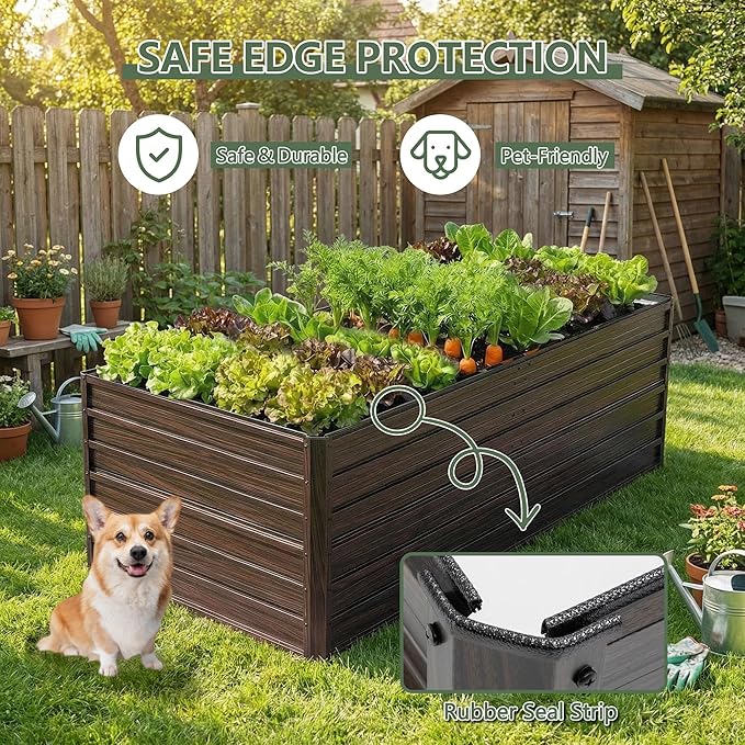 Galvanized Raised Garden Beds 6x3x2FT Outdoor Planter Boxes with Safety Edging and Gloves Metal Garden Bed Kit for Vegetables Flower and Fruits (Brown Wood Grain