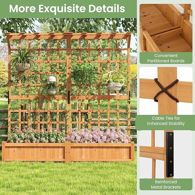 HAPPYGRILL 71" Raised Garden Bed with Trellis, Wood Planter Container w/2 Hanging Roof & Garden Boxes, 4 Drainage Holes, Outdoor Planter Box w/Removable Bottom Plate for Climbing Plants Flowers Vine