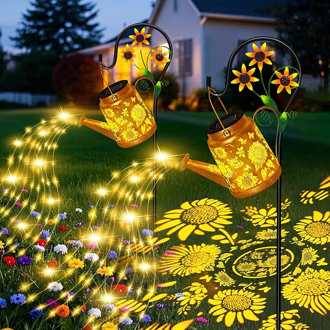 Mothers Day Gifts, Sunflower Solar Watering Can Lights, Outdoor Waterproof Garden Lanterns with Shepherd Hook, Solar Garden Decor for Yard Outdoor Landscape Pathway, Gift for Women Mom Grandma, 2 Pack