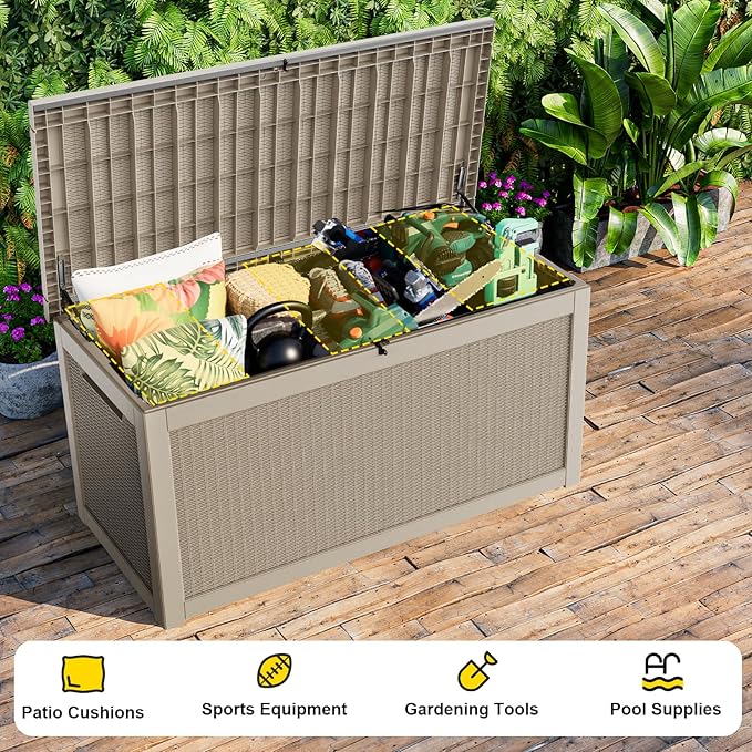 ROJIK 320 Gallon Waterproof Outdoor Deck Storage Box, Lockable Resin Patio Storage Bin with Lid for Garden Tools, Patio Cushions & Outdoor Accessories(Grey)