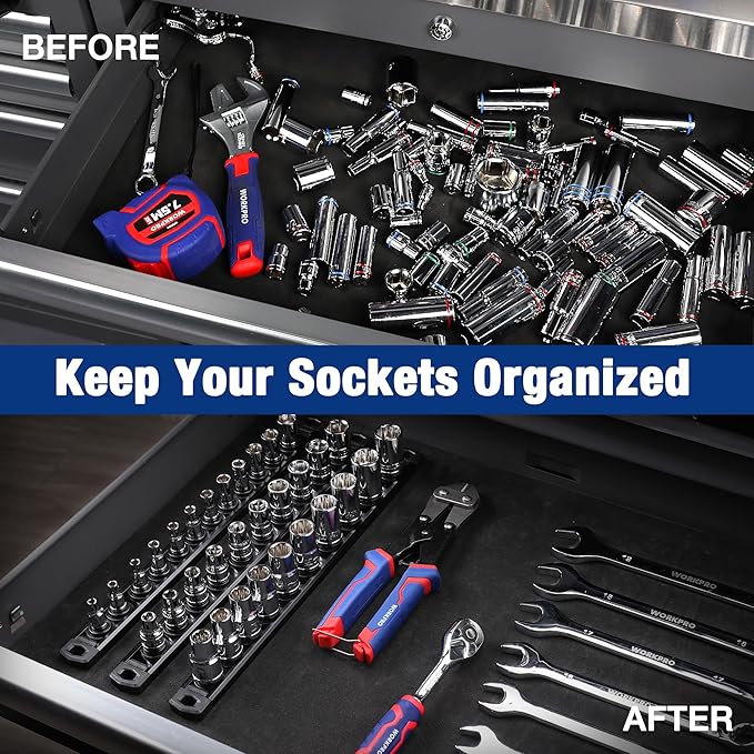 WORKPRO Magnetic Socket Organizer, 1/2-Inch Drive Aluminum Alloy Socket Rail, Heavy Duty Socket Holder, Socket Rack Kit 1/2-Inch x 10 Clips Black (Socket not Included)