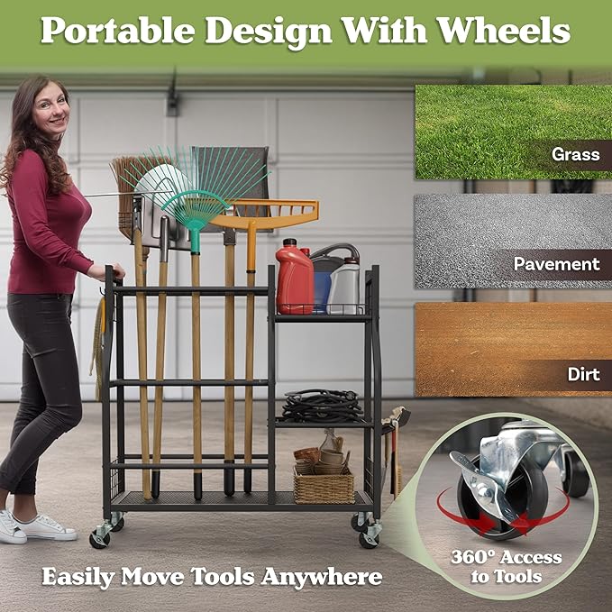 Garage Garden Tool Organizer with Wheels - Yard Tool Storage Rack with 28 Slots for Long Handles, 10 Hooks, 2 Cord Wrappers, 3 Shelves, and Locking Wheels - Shed or Garage Organization by Pure Garden