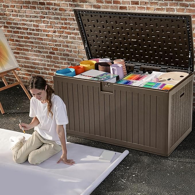 DWVO 230 Gallon Resin Outdoor Storage Box, XXL Double-Wall Waterproof Deck Box with Divider, Doubles as Table or Seating with 1000 lbs Capacity, Lockable (Brown)
