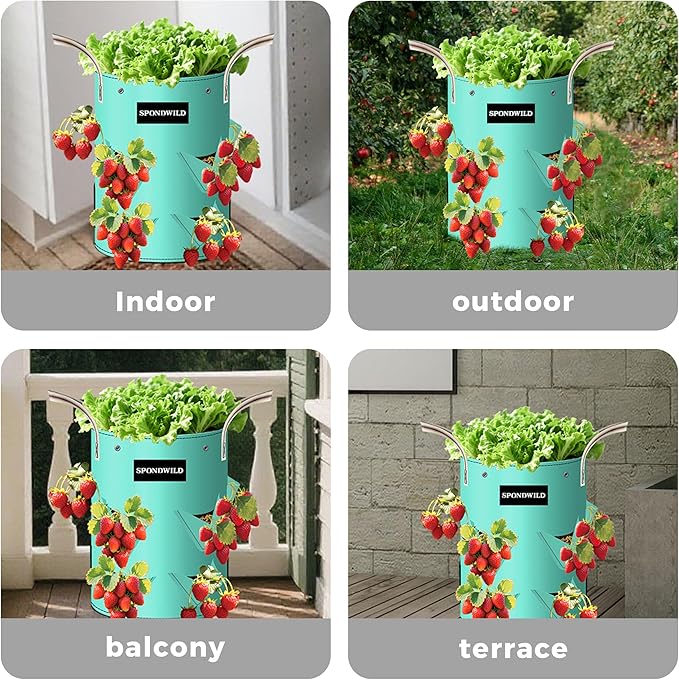 3 Pack 20 Gallon Strawberry Grow Bags, Heavy Duty Reusable PE Pots with Breathable Window, Branch & Drainage Holes, Reinforced Handles for Strawberries, Veggies, Flowers, Balcony/Patio Use