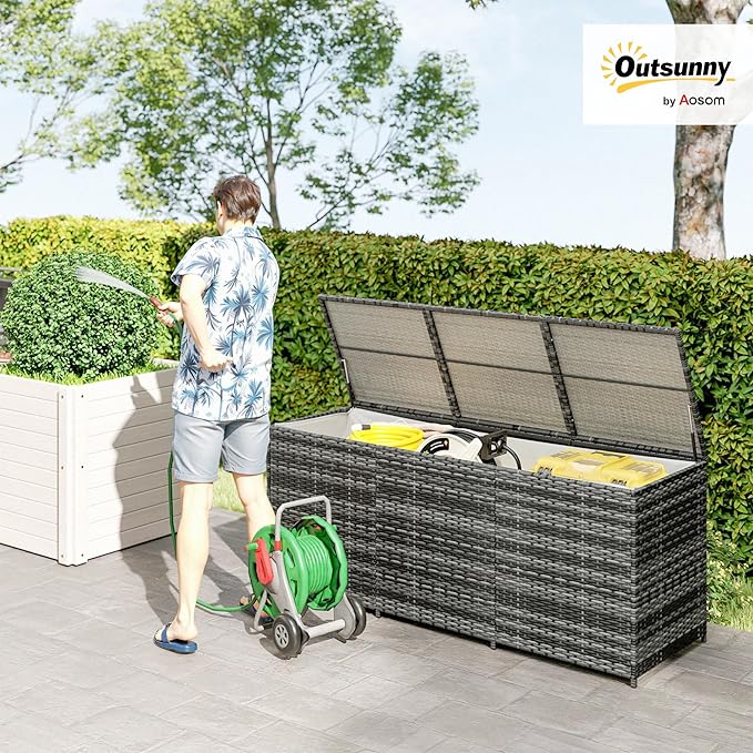 Outsunny 175 Gallon Outdoor Storage Box with Inner Liner, PE Rattan Wicker Deck Box with Pneumatic Bar Lift for Indoor & Outdoor, Patio Furniture Cushions, Pool Supplies, Garden Tools, Mixed Gray