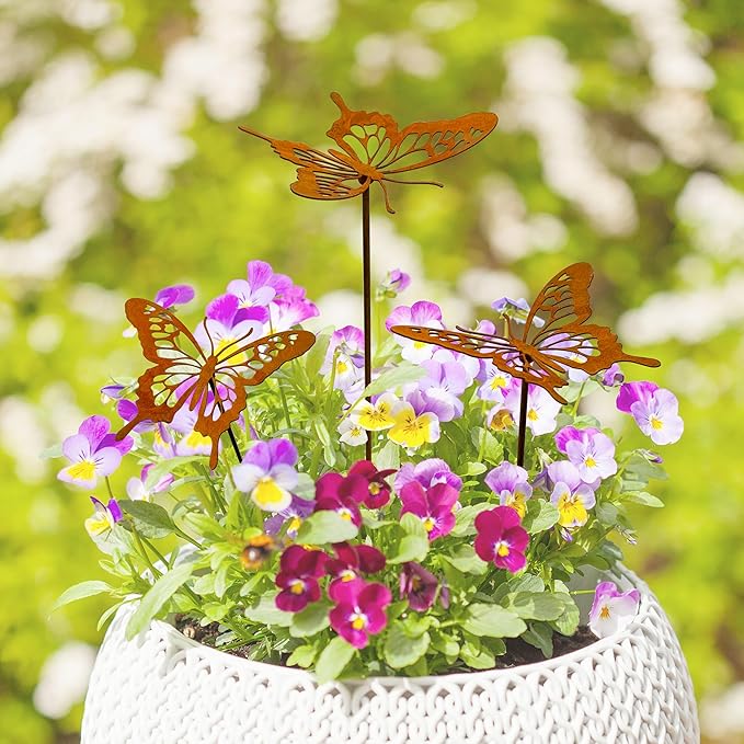 3 Pcs Rusty Metal Butterfly Garden Stakes - Rustic Outdoor Decor for Plant Pot, Lawns, Patio & Outdoor | Vintage Decorative Butterfly Garden Stakes for Patio Yard Porch Backyard Outdoor Décor