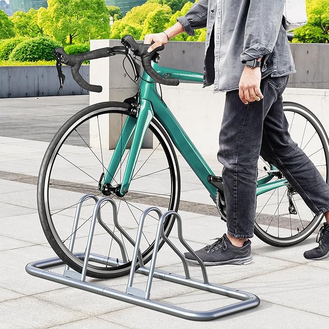 Simple Houseware 2-Bike Floor Storage Rack - Adjustable Bicycle Parking Stand & Garage Organizer for Road and Kids Bikes, Silver