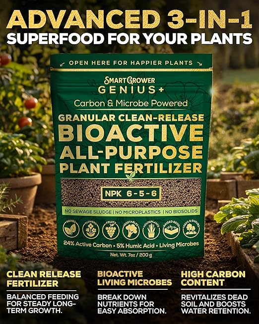 Bio-Active Plant Fertilizer Granular 6-5-6 Slow Release Carbon Enhanced Garden Fertilizer, Humic & Mycorrhizae – All Purpose Plant Food for Gardens, Indoor & Outdoor Plants, Smart Grower Genius+ 200g