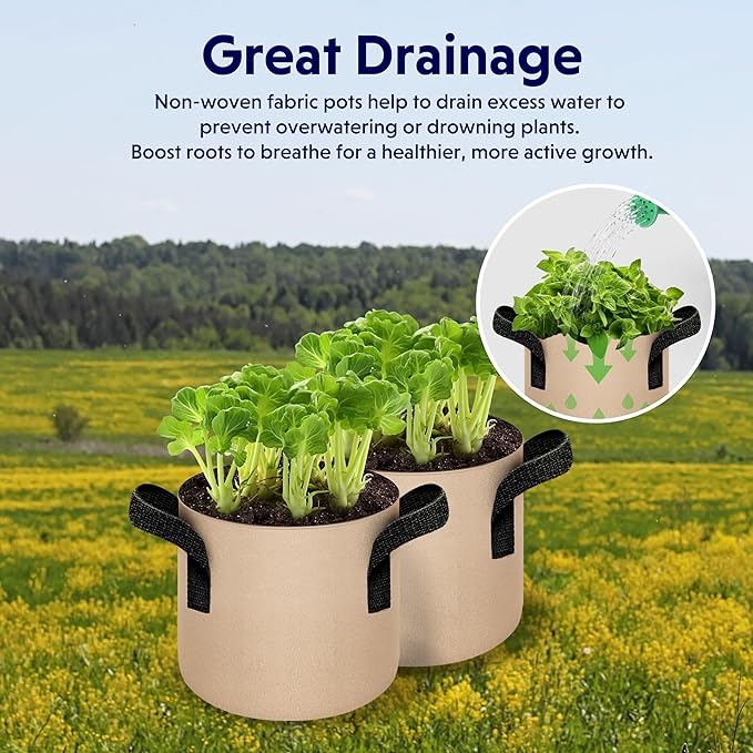 iPower 5-Pack 2 Gallon Plant Grow Bags Thickened Nonwoven Aeration Fabric Pots Heavy Duty Durable Container, Strap Handles for Garden, Tan New