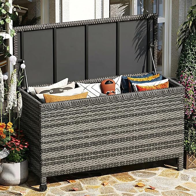 Wicker Deck Box, 185 Gallon All-Weather Outdoor Storage Box, Rattan Storage Bin for Patio Furniture, Outdoor Cushions, Pool Storage and Garden Tools, Grey
