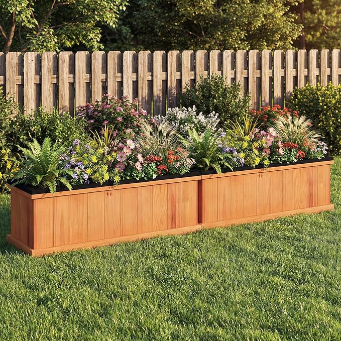 Giantex Outdoor Raised Garden Bed Set of 2, 40” x 13” x 12” Pine Wood Planter Box w/ 3 Drainage Holes, Removable Bottom & Bed Liner, Rectangular Flower Container for Vegetables Herbs, Indoor & Outdoor