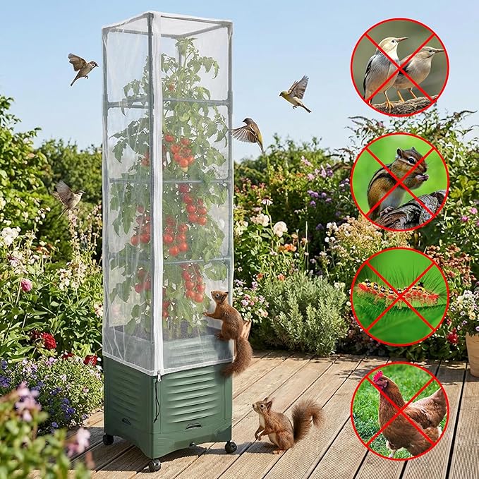 2 Pcs Garden Bird Netting Plant Cover for Square Tomato Cage, 59" x 17.7" Insect Bird Barrier Tomato Cage Net with Zipper & Drawstring, Tomato Trellis Netting Protection Cover for Protecting Plants