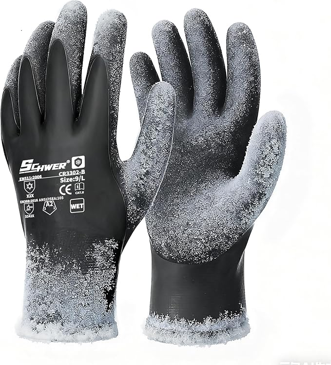 Schwer 100% Waterproof Winter Work Gloves, ANSI A2 Cut Resistant Freezer Gloves for Outdoor Cold Weather Keep Hands Warm, Thermal Insulated Gloves for Shoveling Snow, Ice Fishing, Super Grip, XL