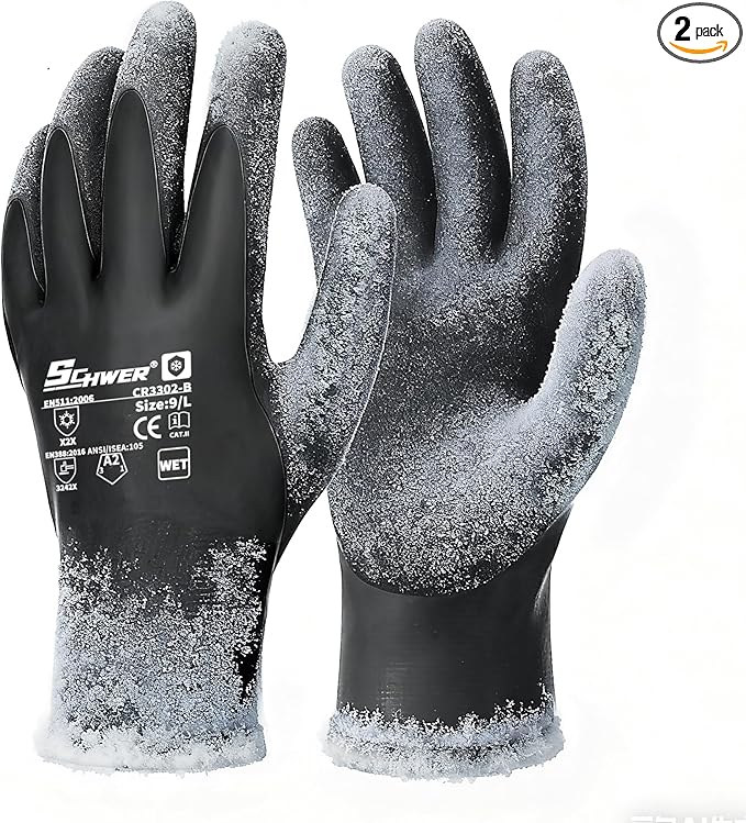 Schwer 2 Pairs 100% Waterproof Winter Work Gloves, ANSI A2 Cut Resistant Freezer Gloves for Outdoor Cold Weather Keep Hands Warm, Thermal Insulated Gloves for Shoveling Snow, Ice Fishing, L