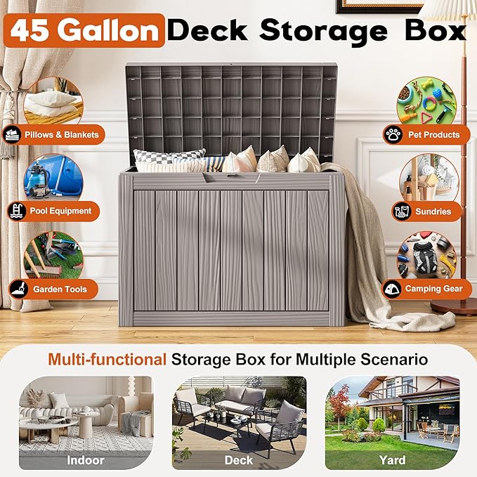 Oudoor Storage Deck Boxes Waterproof, Waterproof and UV Resistant Outdoor Storage Box Lockable Lid for Delivery Box, Indoor, Garden Tools, Pool Supplies, Patio (Grey, 45 Gallon)