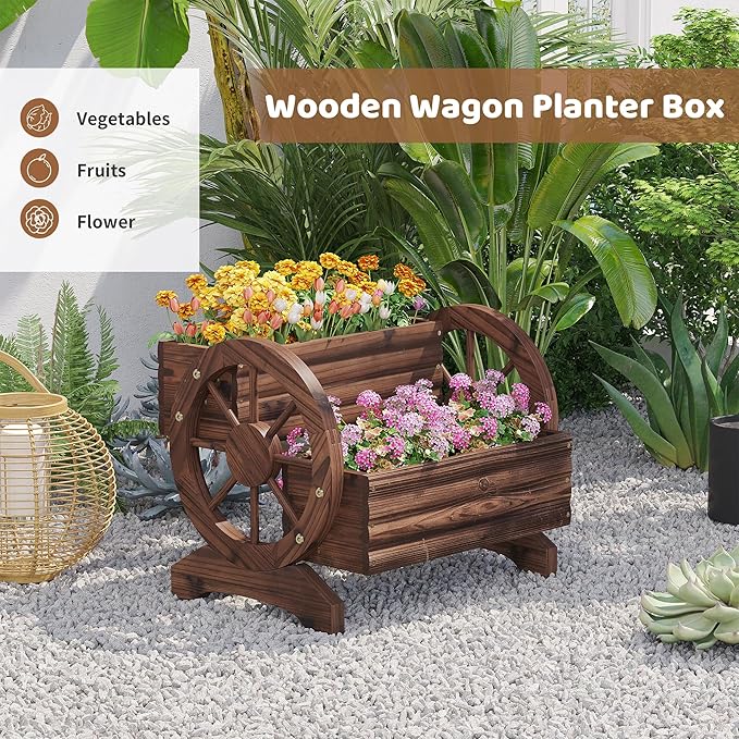FILWH Wooden Wagon Planter Box for Indoor Outdoor Garden Planter Wood Planter Boxes Flower Planters Outdoor with Wheels Planter for Flowers Herbs Vegetables(Carbonized)