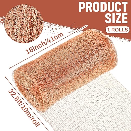 Gisafai 16' x 33 ft Copper Mesh Rodent Control Copper Wool for Slugs Rustproof DIY Hole Filler Pure Wire Mesh for Bat Snail Bird Pest Rodent Control Gap Blocker Fill Fabric Hole Gardening(1 Roll)