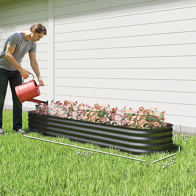 Outsunny 8' x 2' x 1' Galvanized Raised Garden Bed Kit, Outdoor Metal Elevated Planter Box with Safety Edging, Easy DIY Stock Tank for Growing Flowers, Herbs & Vegetables, Dark Gray