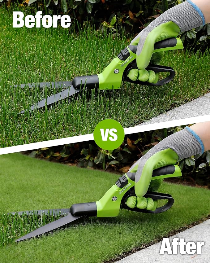 WORKPRO Grass Shears Handheld, Ultra-Sharp Grass Clippers with 360 Degree Swivel Blades, Manual Grass Cutter with TPR Coated Handle, 15 Inch Garden Shears, Gardening Scissors for Precise Lawn Trimming