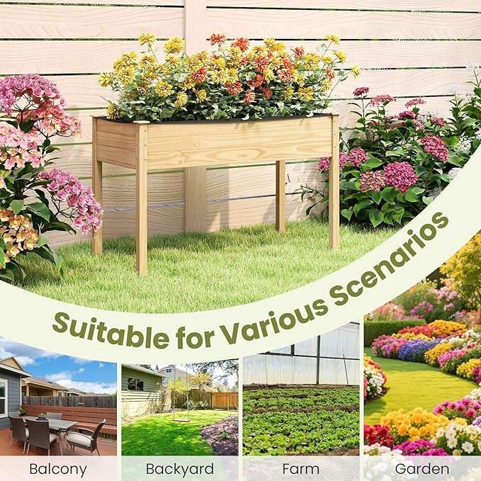 Giantex Raised Garden Bed, Elevated Wood Planter Box with Liner, 47"x23"x30" Freestanding Raised Bed for Indoor Outdoor Plants, Vegetables Flower Herbs Fruit Gardening