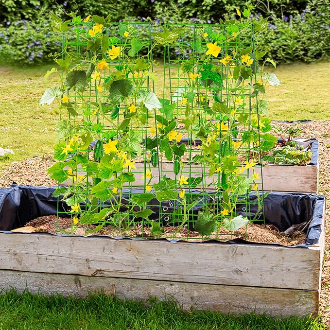 Pack 2 Heavy Metal Garden Trellis for Climbing Plants with Trellis Netting & Garden Clips, A-Frame Cucumber Trellis for Raised Bed