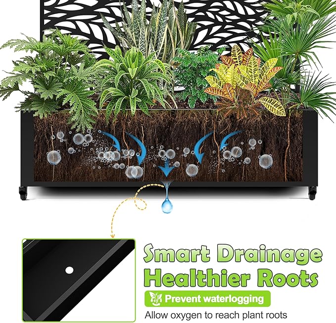 15.7"×70.9"×47.2" Metal Raised Garden Bed with Trellis and Wheels - Tall Trellis Planter Box for Climbing Plants, Vegetables & Vines - Outdoor Privacy Planters for Patio (Black-Spring)