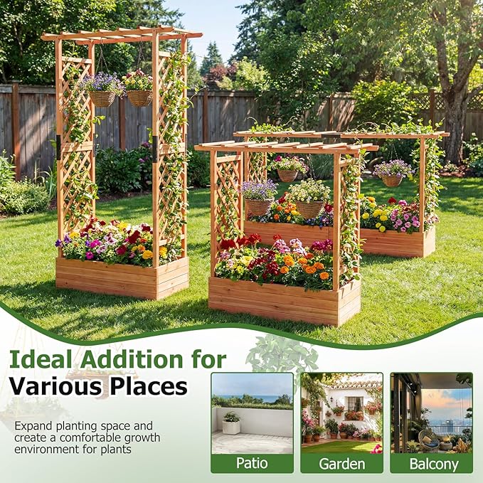 HAPPYGRILL Raised Garden Bed with Trellis, 2 Freestanding 45" Wood Planter Box w/Hanging Roof & 8 Drainage Holes for Climbing Plants Flowers, Outdoor Wood Elevated Garden Bed for Patio Yard,Orange