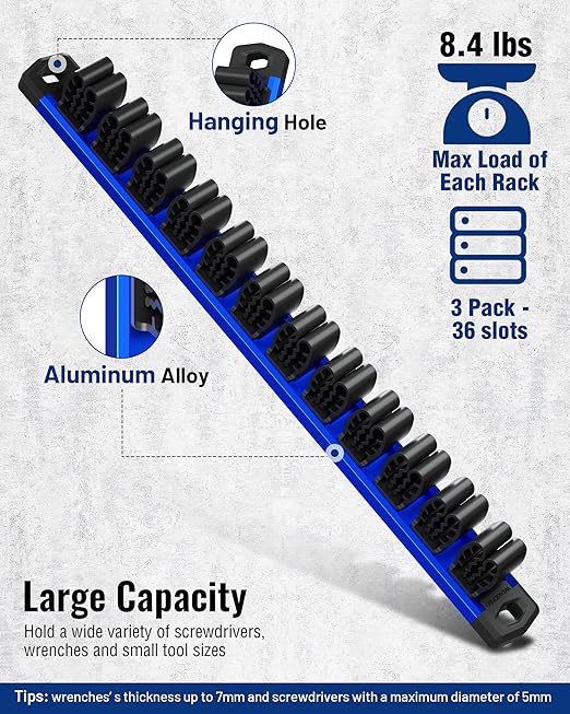 WORKPRO 3-Pack Magnetic Screwdriver Organizer and Wrench Organizer Set, Aluminum Rail Magnetic Tool Organizers, Tool Holder, Tool Box Organizers, 36-Slot Screwdriver & Wrench Holder (Tools Excluded)