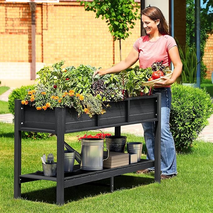 DWVO 48x18x30in Raised Garden Bed Kit, HDPE Planter Box Stand, Poly Wood Weather-Resistant Planter Box with Legs & Storage Shelf, Elevated Garden Bed for Backyard, Patio, Balcony,Black