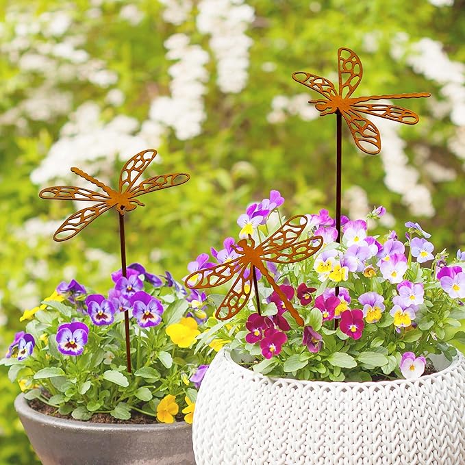 3 Pcs Rusty Dragonfly Stake Vintage Metal Garden Decor Sculpture - Plant Pot Accents for Lawn, Patio, Backyard Outdoor | Dragonfly Gift for Women