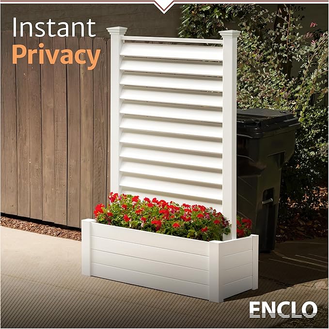 Enclo Privacy Screens 6ft H Outdoor Freestanding 1 Privacy Fence Screen Panel with Planter Box for Deck, Yard, Pool, or Patio, Vinyl Raised Garden Bed for Plants or Flowers, Lexington EC18039