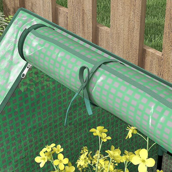 Outsunny 4 x 3 x 1ft Raised Garden Bed with Mini Greenhouse, Galvanized Outdoor Planter Box with Cover, for Herbs and Vegetables, Use for Patio, Garden, Balcony, Green Cover and Silver Planter