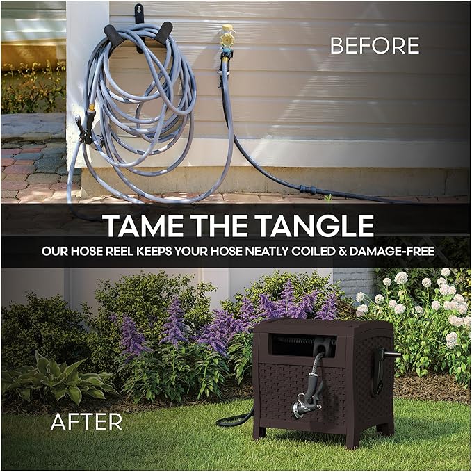 Suncast Hose Reel with Smart Trak Hose Guide, Water-Tight Connection, Durable Resin Construction, 225' Hose Capacity, Brown, Made in the USA