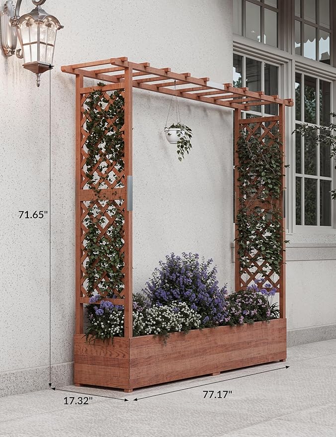 Raised Garden Bed with Trellis, Wood Planter Box with Hanging Roof & Drainage, Elevated Garden Bed for Climbing Plants, Vegetables, Flowers