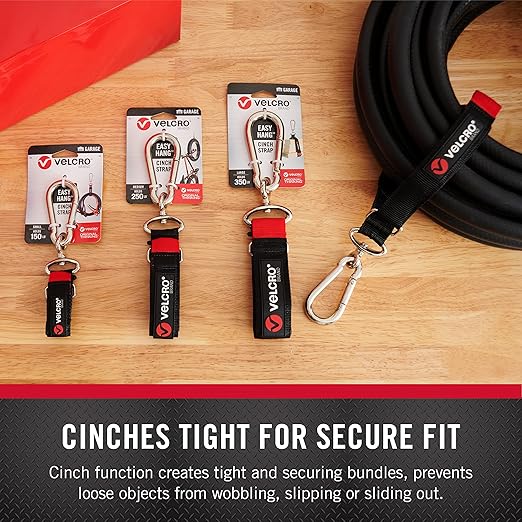 VELCRO 30 in. x 1-1/2 in. Easy Hang Cinch Strap, Bundling Strap with Carabiner in Black Hook and Loop (1-Pack) VEL-30803-USA