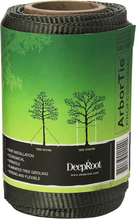 DeepRoot ArborTie Tree Straps for Staking and Guying, Flexible Tree Support Straps, Versatile Tree Rope, Tree Ties For Street Trees, Orchards, and Landscape Trees, 100’ Roll, Olive (AT 1G)