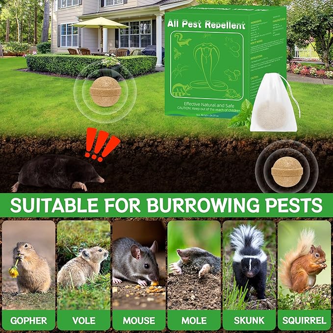 24 Pack Mole Repellent - Skunk Repellent, Raccoon Repellent for Indoor Outdoor, Squirrel Repellent Keep Rodent Away for Yard, Safe for Pets & Children