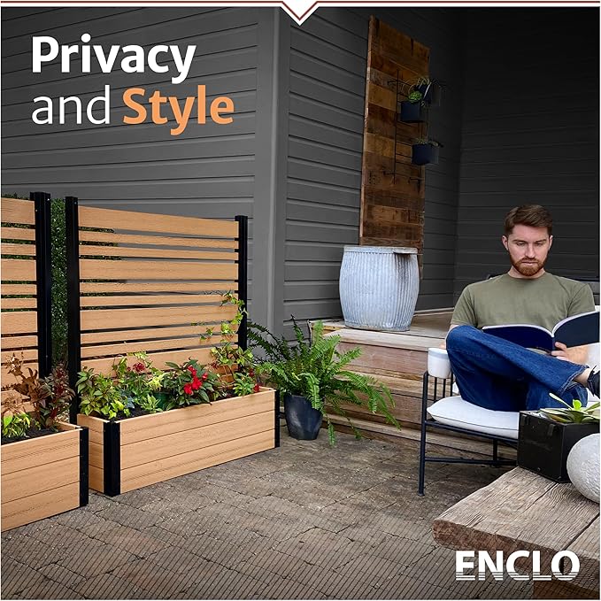 44in H x 46in W x 9.5in L (1 Screen w/Planter) Freestanding Enclo Florence Privacy Fence Screen with Planter Box, Outdoor Vinyl Privacy Screen Panel for Patio & Air Conditioner, EC18006