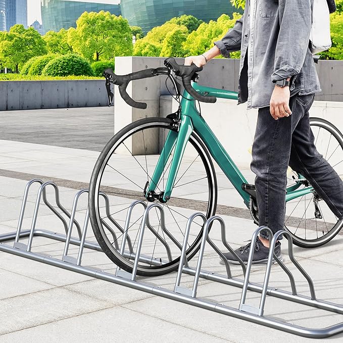 Simple Houseware 5-Bike Floor Storage Rack - Adjustable Bicycle Parking Stand & Garage Organizer for Road and Kids Bikes, Silver