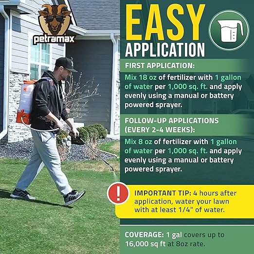 PetraMax Neighbor’s Envy Grass Fertilizer for Lawn & Garden, 4 Gallon Covers up to 64,000 sq.ft. 7-in-1 Liquid Lawn Fertilizer Concentrate for Deep Green Turf - Includes Nitrogen/Iron/Humic/Sea Kelp