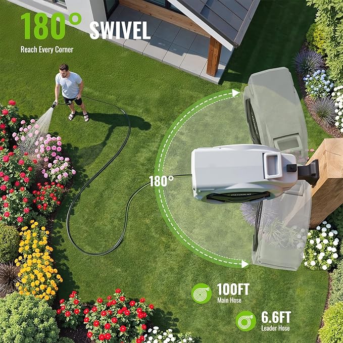 Retractable Hose Reel 100ft 1/2 in, Wall Mounted Garden Hose Reel Heavy Duty with 10 Spray Nozzle, Auto Rewind, 180° Swivel Bracket, UV Resistant