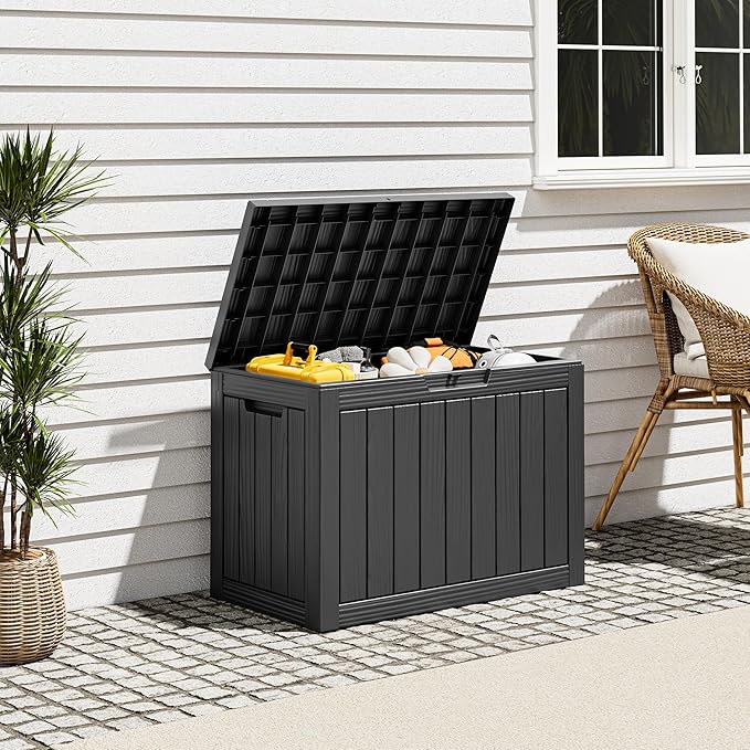Oudoor Storage Deck Boxes Waterproof, Waterproof and UV Resistant Outdoor Storage Box Lockable Lid for Delivery Box, Indoor, Garden Tools, Pool Supplies, Patio (Black, 45 Gallon)