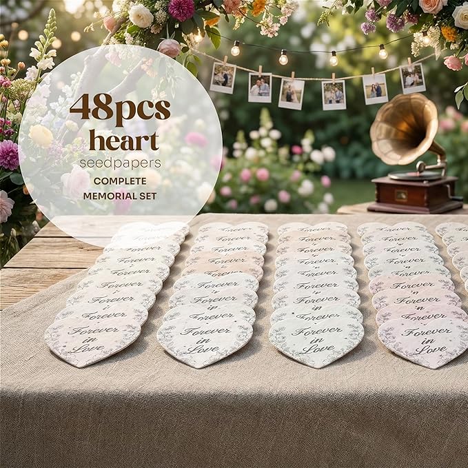 Plantable Wildflower Seed Paper - 48pcs Black & White Heart-Shaped for Funeral Favors, Memorial Gifts, & Sympathy Gifts for Loss of Father and Mother, Loved Ones