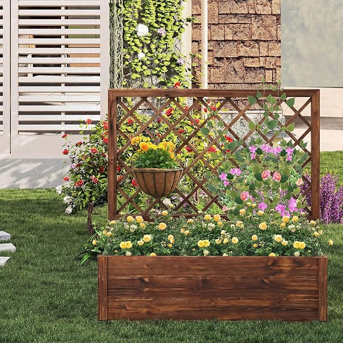 Giantex Raised Garden Bed Set 2 w/Trellis, Drainage Hole, 39”x14”x40” Wood Elevated Planter Box for Climbing Vine Flower Herb Vegetable Fruit, Planting Container for Indoor Outdoor Patio Balcony