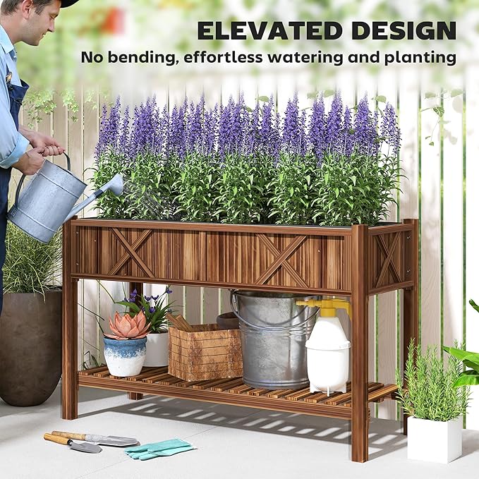 Outsunny Raised Garden Bed, Elevated Wood Planter Box with Storage Shelf, Drainage Holes, and Liner for Backyard, Patio, Balcony, 47 x 22 x 31.5 in, Carbonized