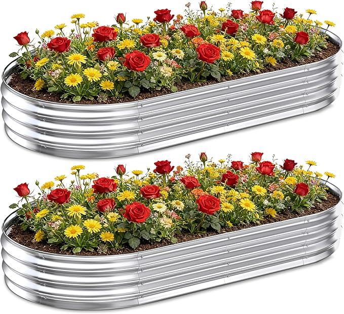 Galvanized Raised Garden Bed Outdoor, 8x4x1ft(2 Pack) Metal Heavy Duty Planter Boxes for Gardening, Easy Assemble Large Oval Plant Container Kit for Vegetable, Flower, Fruit, Silver
