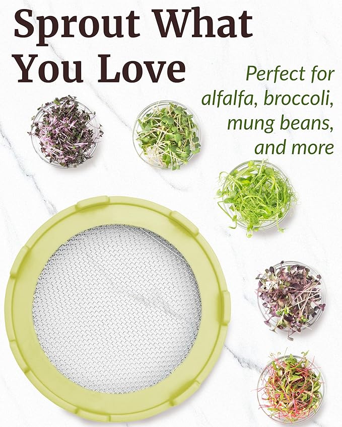 Elementi Sprouting Jar Kit for Wide Mouth Mason Jars, Set of 2 Sprouting Lids for Organic Sprouts, Alfalfa & Mung Bean Sprouts Grow Kit, 316 Stainless Steel Mesh Screen Lid (Yellow)