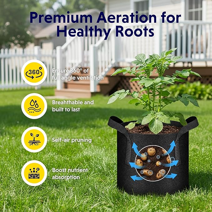 iPower 5 Gallon 10 Pack Grow Bags Nonwoven Fabric Pots Aeration Container with Strap Handles for Garden and Planting, 10-Pack Black, 5 Gallon